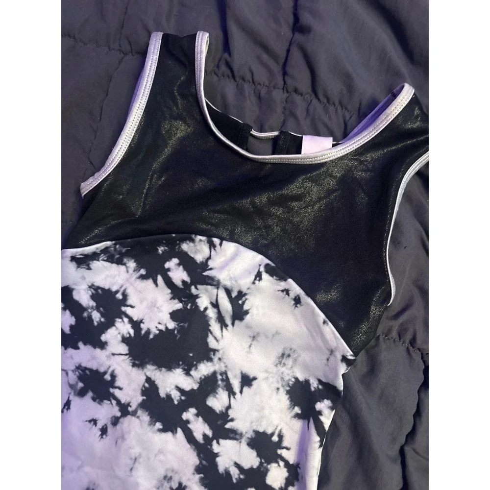 More Than Magic Girls Black White Tie Dye Biketard Unitard Romper Size M 7/8